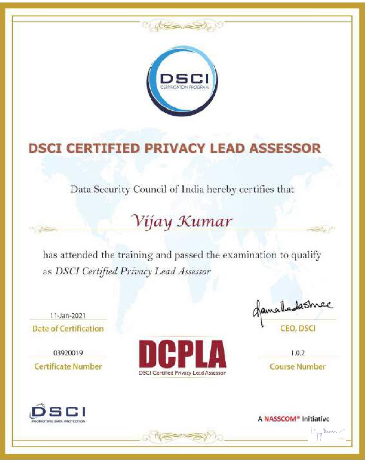 DCPLA Certificate — DSCI Certified Privacy Lead Assessor issued to Vijay Kumar