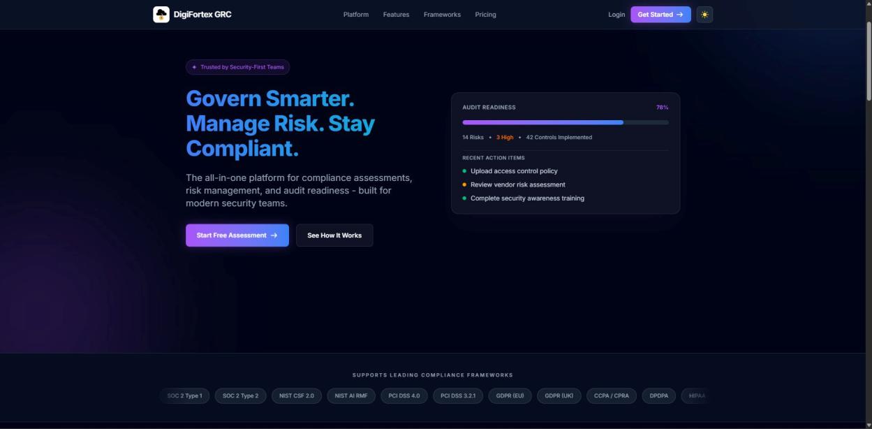 DigiFortex GRC landing page showing audit readiness, risk tracking, and action items