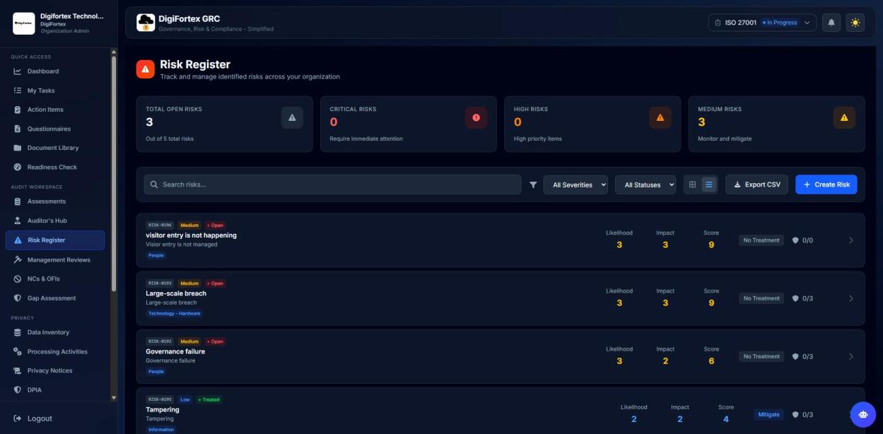 Risk Register in DigiFortex GRC — track open risks, severity, likelihood, impact, and treatment status