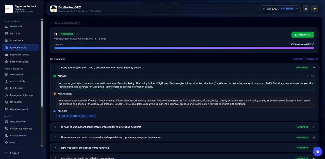 AI-generated questionnaire answers with reasoning and linked source documents in DigiFortex GRC