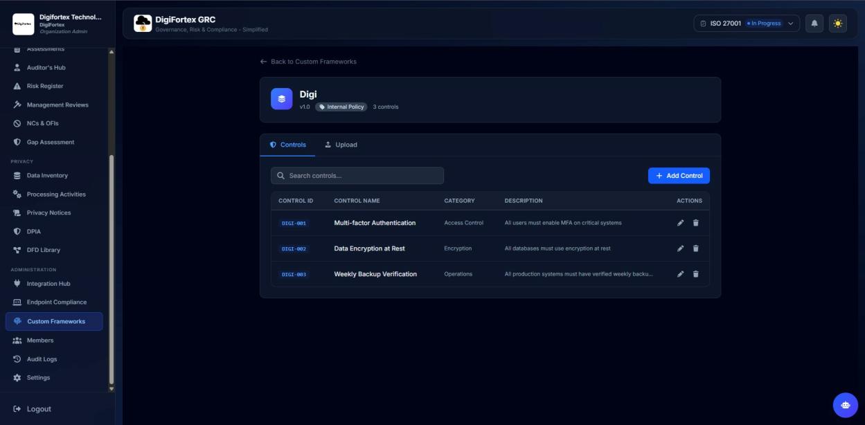 Custom Framework builder in DigiFortex GRC — define controls, categories, and descriptions
